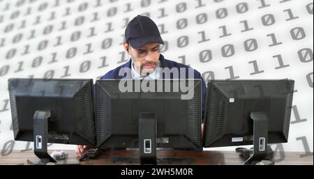 Image of scientific data processing over caucasian man using computer on white background Stock Photo