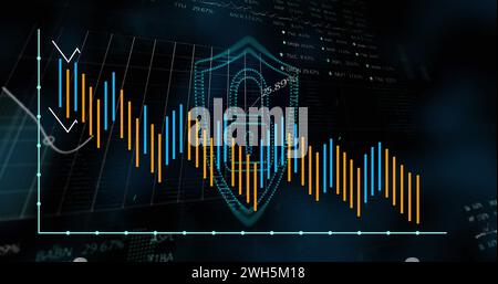 Image of graphs and digital padlock over black background with lights Stock Photo