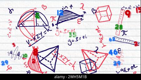 Image of floating numbers over mathematical equations on white background Stock Photo