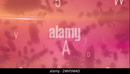 Image of letters and numbers over floating blood cells Stock Photo