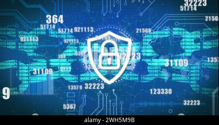 Security padlock icon and multiple changing numbers against blue background Stock Photo