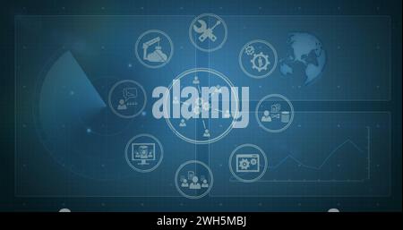 Image of network of digital icons over globe spinning on screens in background Stock Photo