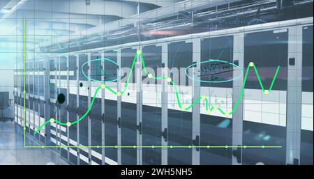 Image of graphs over light and servers Stock Photo
