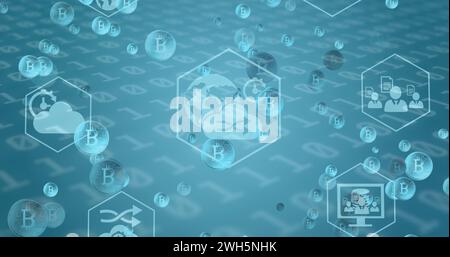 Image of bitcoin and digital icons over binary coding numbers changing on blue background Stock Photo