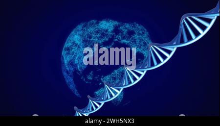 Image of dna strands spinning with glowing light trails over dark background Stock Photo
