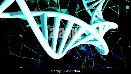 Image of dna strands spinning with glowing light trails over dark background Stock Photo