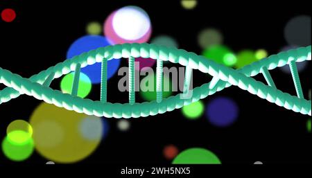 Image of dna strand spinning with glowing light trails over dark background Stock Photo