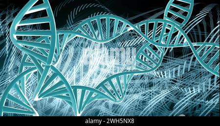 Image of dna strands spinning with glowing light trails over dark background Stock Photo