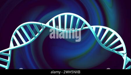 Image of dna strand spinning with glowing light trails over dark background Stock Photo