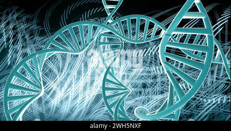 Image of dna strands spinning with glowing light trails over dark background Stock Photo