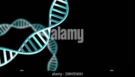 Image of dna strands spinning with glowing light trails over dark background Stock Photo
