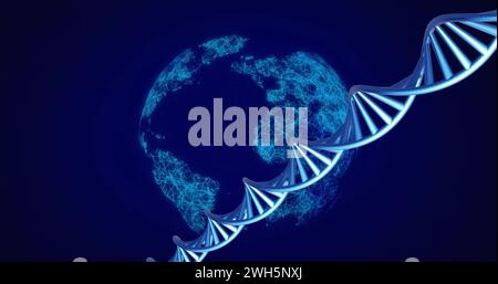 Image of dna strands spinning with glowing light trails over dark background Stock Photo