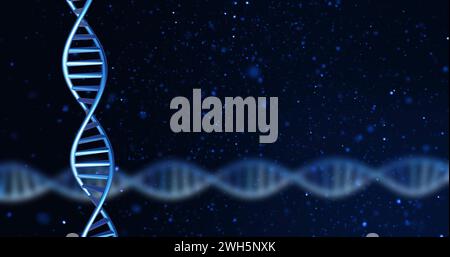 Image of dna strands spinning with copy space over black background Stock Photo