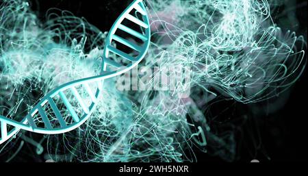 Image of dna strands spinning with glowing light trails over dark background Stock Photo
