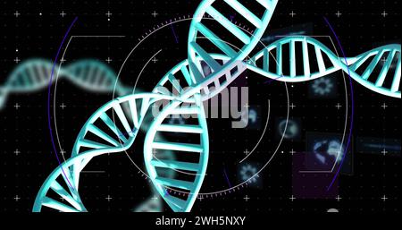 Image of dna strands spinning with data processing over black background Stock Photo