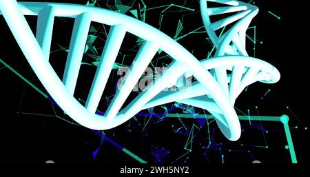 Image of dna strands spinning with glowing light trails over dark background Stock Photo