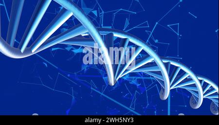 Image of dna strands spinning with glowing light trails over blue background Stock Photo