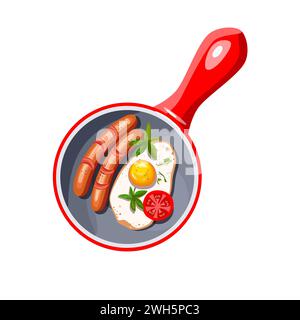 Scrambled eggs with sausages with fresh herbs. Realistic style. Fried egg in a red frying pan. Hot food for cafe and restaurant menus. Vector illustration. Stock Vector