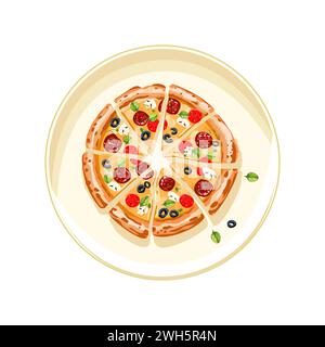 Pepperoni pizza. Italian pizza cut into pieces on a light plate. Fast food. Sliced salami, tomatoes and olives. Delicious baked goods. Vector illustration tomatoes and olives. Delicious baked goods. Vector illustration Stock Vector