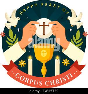 Corpus Christi Catholic Religious Vector Illustration with Feast Day, Cross, Bread and Grapes in Holiday Celebration Flat Cartoon Background Stock Vector