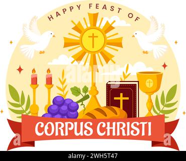 Corpus Christi Catholic Religious Vector Illustration with Feast Day, Cross, Bread and Grapes in Holiday Celebration Flat Cartoon Background Stock Vector