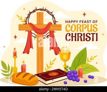 Corpus Christi Catholic Religious Vector Illustration with Feast Day, Cross, Bread and Grapes in Holiday Celebration Flat Cartoon Background Stock Vector