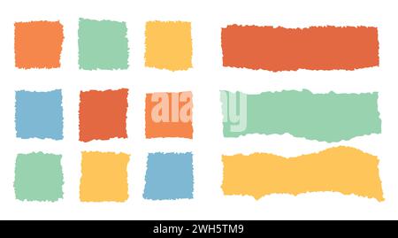 Rough paper edge set. Rectangle torn shape, border, piece sticker. Isolated grunge vector header illustration Stock Vector