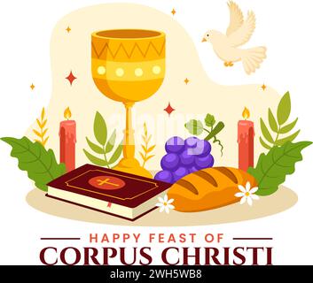 Corpus Christi Catholic Religious Vector Illustration with Feast Day, Cross, Bread and Grapes in Holiday Celebration Flat Cartoon Background Stock Vector
