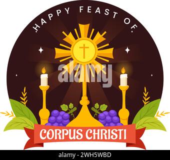 Corpus Christi Catholic Religious Vector Illustration with Feast Day, Cross, Bread and Grapes in Holiday Celebration Flat Cartoon Background Stock Vector