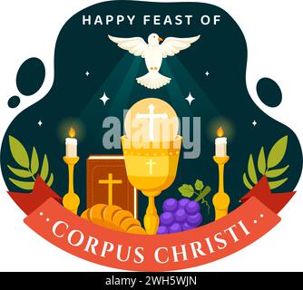 Corpus Christi Catholic Religious Vector Illustration with Feast Day, Cross, Bread and Grapes in Holiday Celebration Flat Cartoon Background Stock Vector