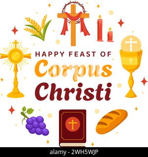 Corpus Christi Catholic Religious Vector Illustration with Feast Day, Cross, Bread and Grapes in Holiday Celebration Flat Cartoon Background Stock Vector