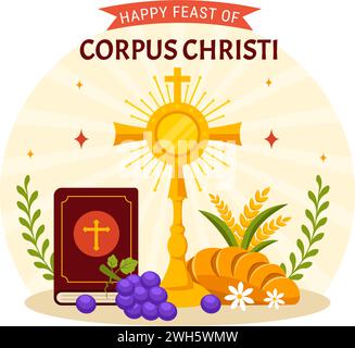 Corpus Christi Catholic Religious Vector Illustration with Feast Day, Cross, Bread and Grapes in Holiday Celebration Flat Cartoon Background Stock Vector