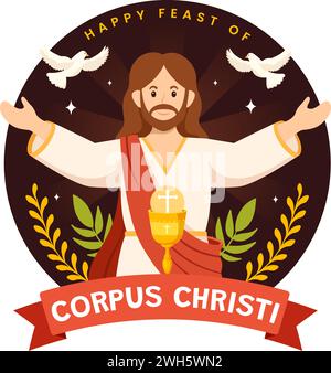 Corpus Christi Catholic Religious Vector Illustration with Feast Day, Cross, Bread and Grapes in Holiday Celebration Flat Cartoon Background Stock Vector