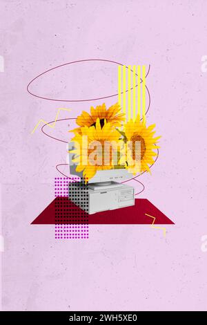 Vertical creative collage poster charming blooming flowers pc monitor vintage screen display bunch sunflowers drawing background Stock Photo