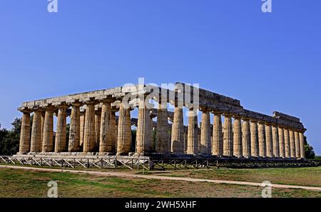 Temple of Hera (aka the Basilica), 530 BC. Paestum is an ancient Greek city on the coast of the Tyrrhenian Sea, Magna Graecia. Roman, Italy,Italian . Stock Photo