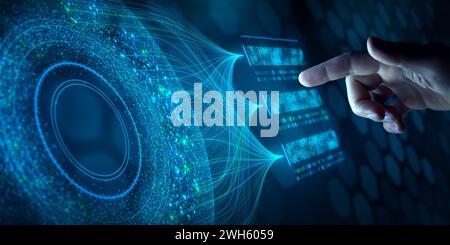 Big data analysis with AI technology. Person using machine learning and deep learning neural network for data science, data mining, business analytics Stock Photo