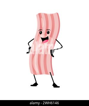 cartoon cheerful bacon breakfast character, sporting a sunny-side-up smile, sizzles with joy, bringing crispy delight to the breakfast table. Isolated vector food personage rejoice with arms akimbo Stock Vector