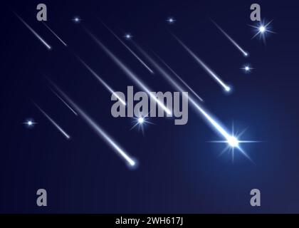 Sky shooting stars with trails, realistic falling comets and meteors. 3d vector asteroids and bolides with luminous traces streak across night heaven in mesmerizing spectacle of celestial phenomenon Stock Vector
