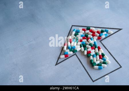 Upward-pointing arrow and a pile of colorful pills. High demand, rising costs of prescription drugs concept. Stock Photo