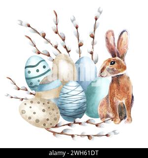 Hand drawn Easter eggs watercolor set. Illustration for greeting card, Design vintage boho element isolated on white background. Bronze, golden blue c Stock Photo