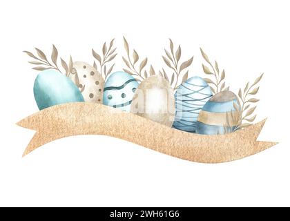 Greeting card, label Happy Easter. Ribbon bronze and blue eggs with patterns. Luxury isolated watercolor illustration on white background Stock Photo
