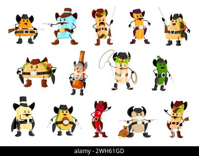 Cartoon cowboy and sheriff, bandit and robber, ranger tex mex mexican food and drink characters. Funny Wild West fast food vector personages. Cute taco, burrito, nachos, quesadilla and tequila bottle Stock Vector