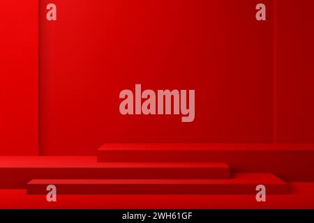 Red rectangle chinese podium stage or stand for product display. Vector Lunar New Year pedestal or platform with 3d rectangular shape steps. Luxury minimal geometric podium stage or scene Stock Vector