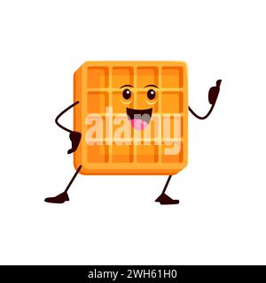 Cartoon funny Belgian wafer bakery character. Isolated vector crispy waffle with a mischievous grin and checkered texture adds a delightful crunch to breakfast. Delicious cheerful food personage Stock Vector