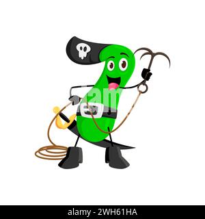 Cartoon math number seven pirate captain and corsair sailor character. Isolated vector 7 numeric personage with tricorn hat, mischievous grin, wields a grappling hook, ready for on high seas adventure Stock Vector