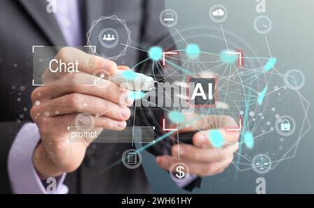 Artificial intelligence concept businessman holding ai on computer screen to using for in document management system and data analysis works Stock Photo