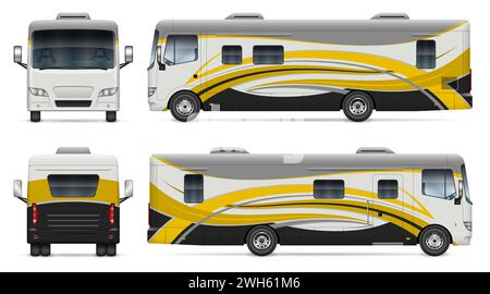 RV motorhome wrap vector mockup on white for vehicle branding, corporate identity. View from side, front and back. Stock Vector