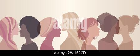 Silhouette of a group of multicultural women. International Women s Day. Concepts of diversity inclusion equality girl power and empowerment. Banner Stock Vector