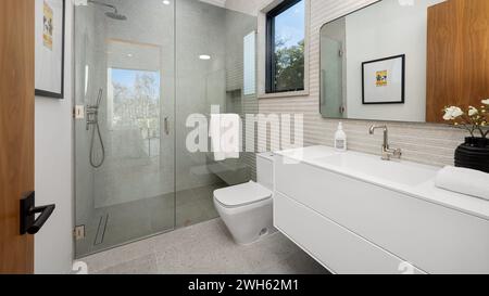 A modern bathroom with a walk-in shower and a white vanity Stock Photo