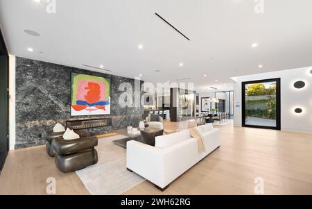 Stylishly furnished living room featuring a fireplace and ample space Stock Photo